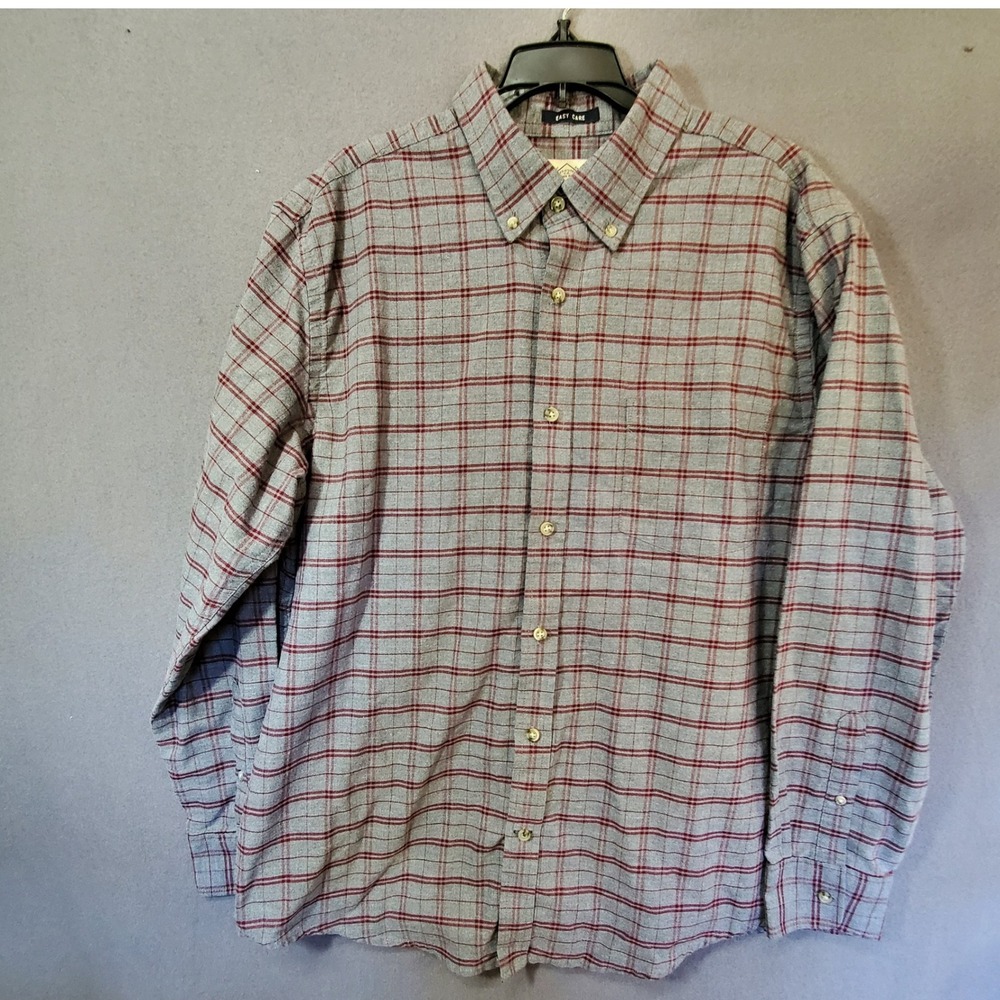 St Johns Bay Mens Large Grey Burgundy Plaid Easy Care Button Down Shirt L